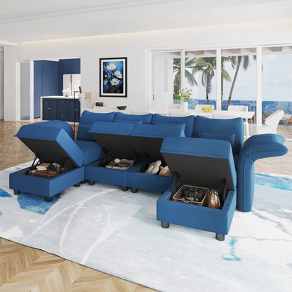 U-Shape Sectional Sofa: 102'' 6 - Piece Upholstered Sectional With Storage(Blue Velvet)