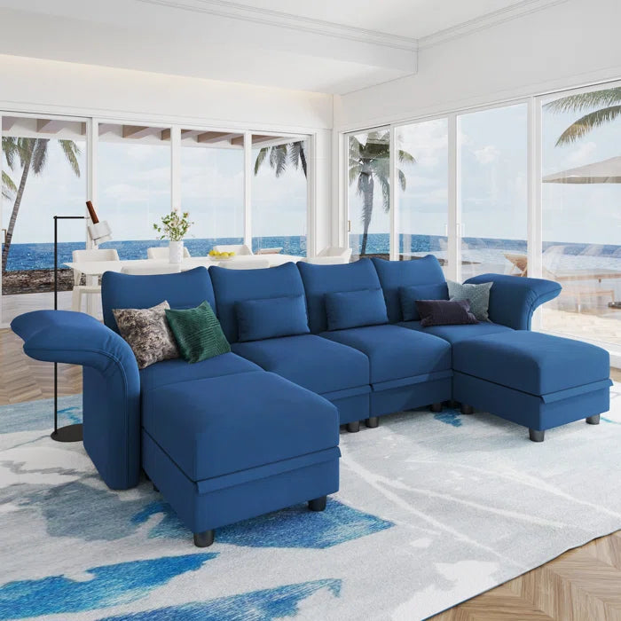 U-Shape Sectional Sofa: 102'' 6 - Piece Upholstered Sectional With Storage(Blue Velvet)