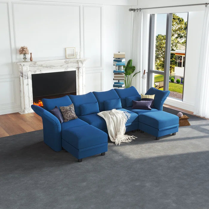 U-Shape Sectional Sofa: 102'' 6 - Piece Upholstered Sectional With Storage(Blue Velvet)