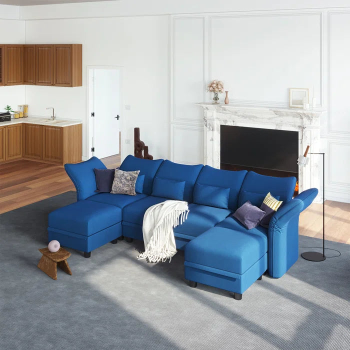 U-Shape Sectional Sofa: 102'' 6 - Piece Upholstered Sectional With Storage(Blue Velvet)