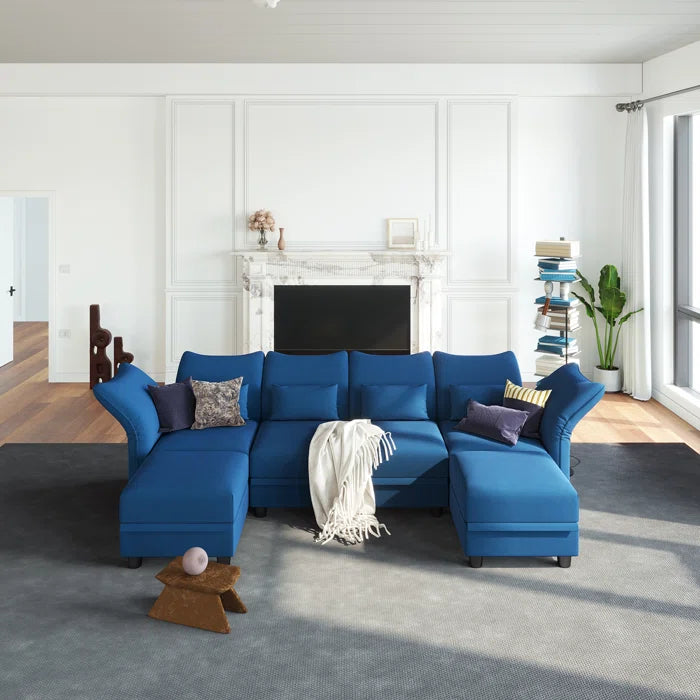 U-Shape Sectional Sofa: 102'' 6 - Piece Upholstered Sectional With Storage(Blue Velvet)