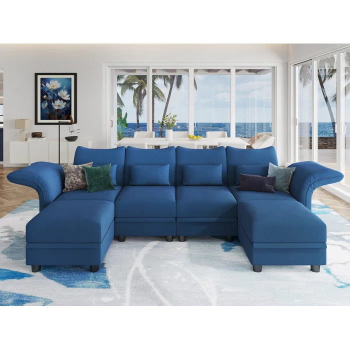 U-Shape Sectional Sofa: 102'' 6 - Piece Upholstered Sectional With Storage(Blue Velvet)