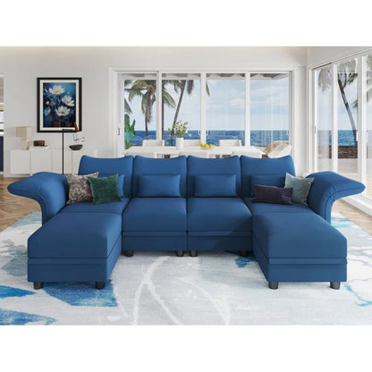 U-Shape Sectional Sofa: 102'' 6 - Piece Upholstered Sectional With Storage(Blue Velvet)