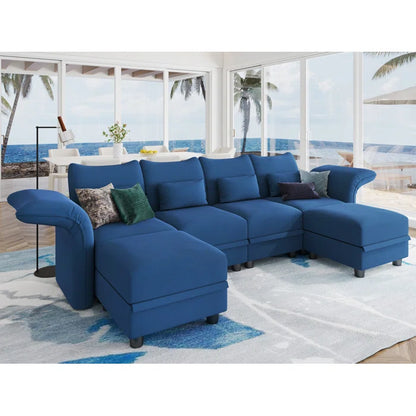 U-Shape Sectional Sofa: 102'' 6 - Piece Upholstered Sectional With Storage(Blue Velvet)