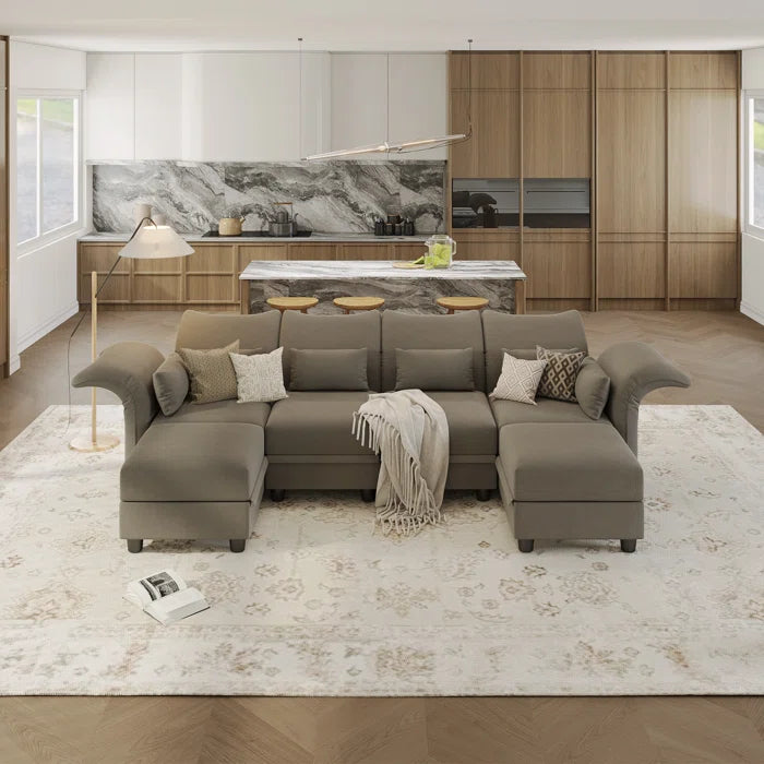 U-Shape Sectional Sofa: 102'' 6 - Piece Upholstered Sectional With Storage(Brown Chenille)