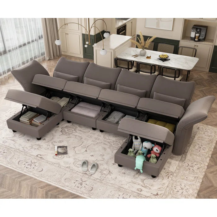 U-Shape Sectional Sofa: 102'' 6 - Piece Upholstered Sectional With Storage(Brown Chenille)