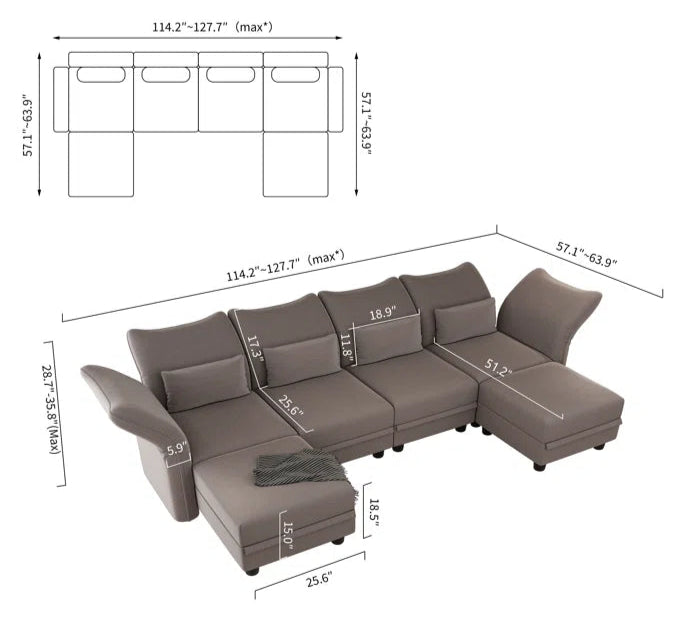 U-Shape Sectional Sofa: 102'' 6 - Piece Upholstered Sectional With Storage(Brown Chenille)