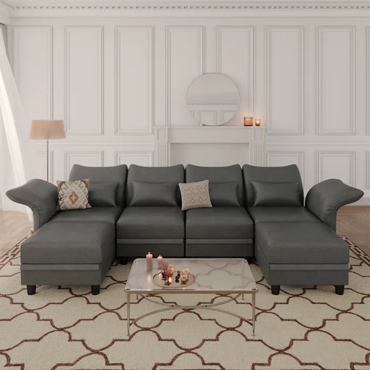 U-Shape Sectional Sofa: 102'' 6 - Piece Upholstered Sectional With Storage(Dark Gray Polyester)
