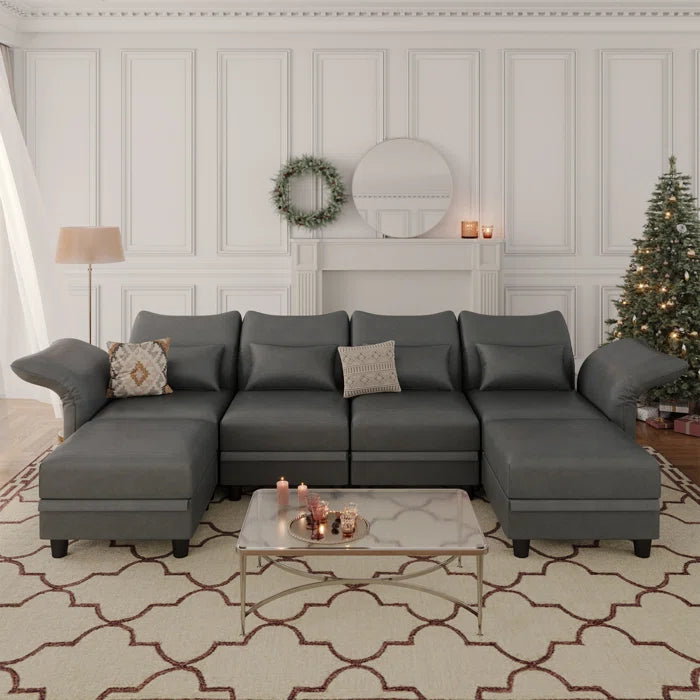 U-Shape Sectional Sofa: 102'' 6 - Piece Upholstered Sectional With Storage(Dark Gray Polyester)