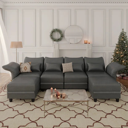 U-Shape Sectional Sofa: 102'' 6 - Piece Upholstered Sectional With Storage(Dark Gray Polyester)