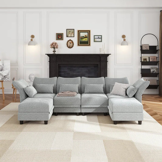 U-Shape Sectional Sofa: 102'' 6 - Piece Upholstered Sectional With Storage(Light Gray Chenille)
