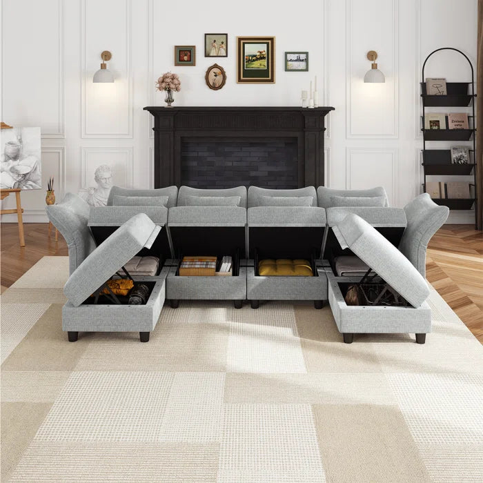 U-Shape Sectional Sofa: 102'' 6 - Piece Upholstered Sectional With Storage(Light Gray Chenille)