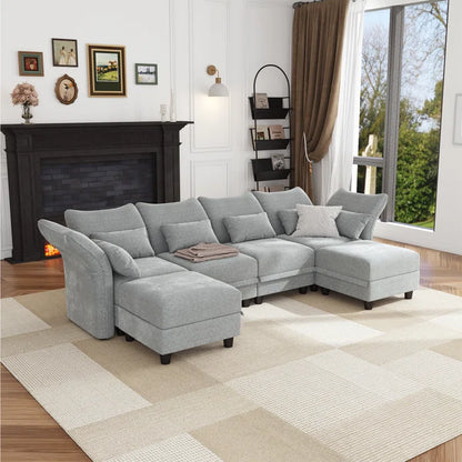 U-Shape Sectional Sofa: 102'' 6 - Piece Upholstered Sectional With Storage(Light Gray Chenille)