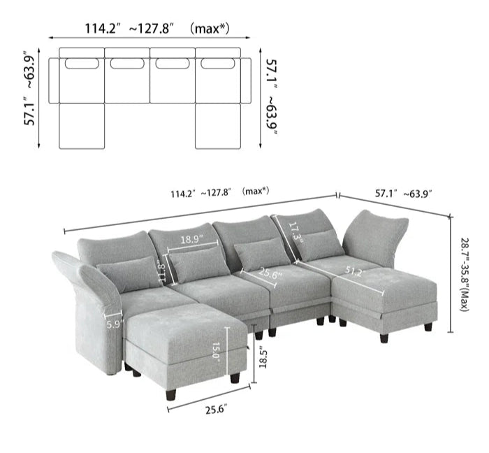 U-Shape Sectional Sofa: 102'' 6 - Piece Upholstered Sectional With Storage(Light Gray Chenille)