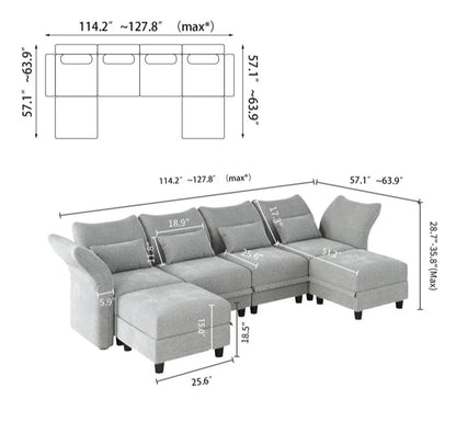 U-Shape Sectional Sofa: 102'' 6 - Piece Upholstered Sectional With Storage(Light Gray Chenille)