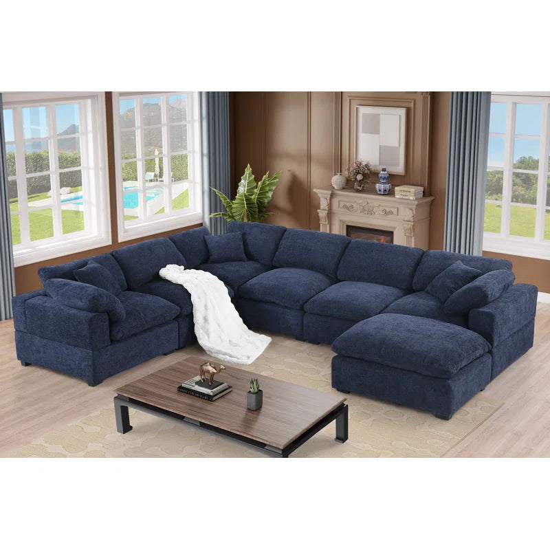7 Seater Sofa: 7- Piece Comfy Reversible Corner Sectional Sofa Couch With Ottoman(Dark Blue)