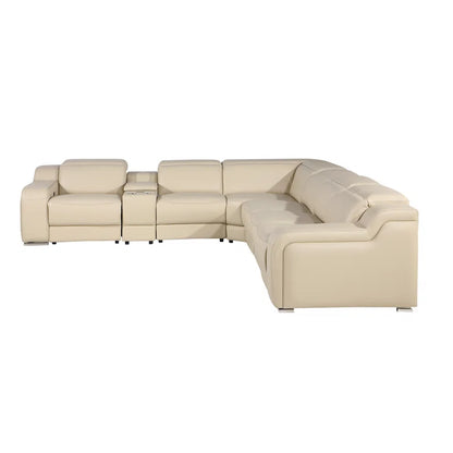 L-Shape Sectional Sofa: 7 - Piece Top Italian Grain Leather Sofa Power Reclining Sectional(Beige Genuine Leather)