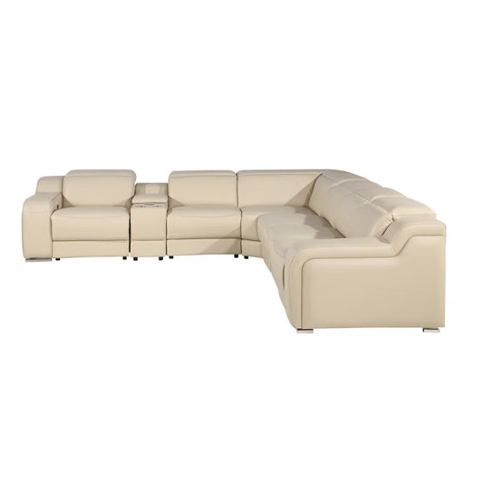 L-Shape Sectional Sofa: 7 - Piece Top Italian Grain Leather Sofa Power Reclining Sectional(Beige Genuine Leather)