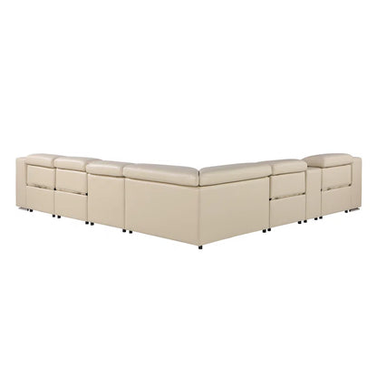 L-Shape Sectional Sofa: 7 - Piece Top Italian Grain Leather Sofa Power Reclining Sectional(Beige Genuine Leather)