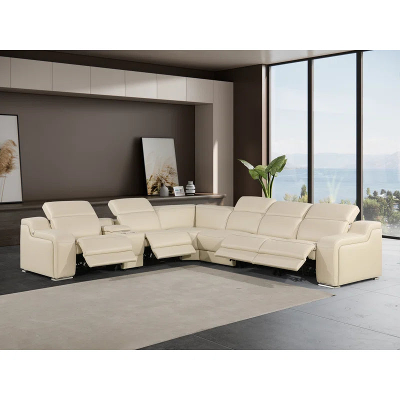 L-Shape Sectional Sofa: 7 - Piece Top Italian Grain Leather Sofa Power Reclining Sectional(Beige Genuine Leather)