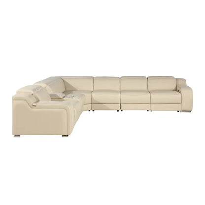 L-Shape Sectional Sofa: 7 - Piece Top Italian Grain Leather Sofa Power Reclining Sectional(Beige Genuine Leather)