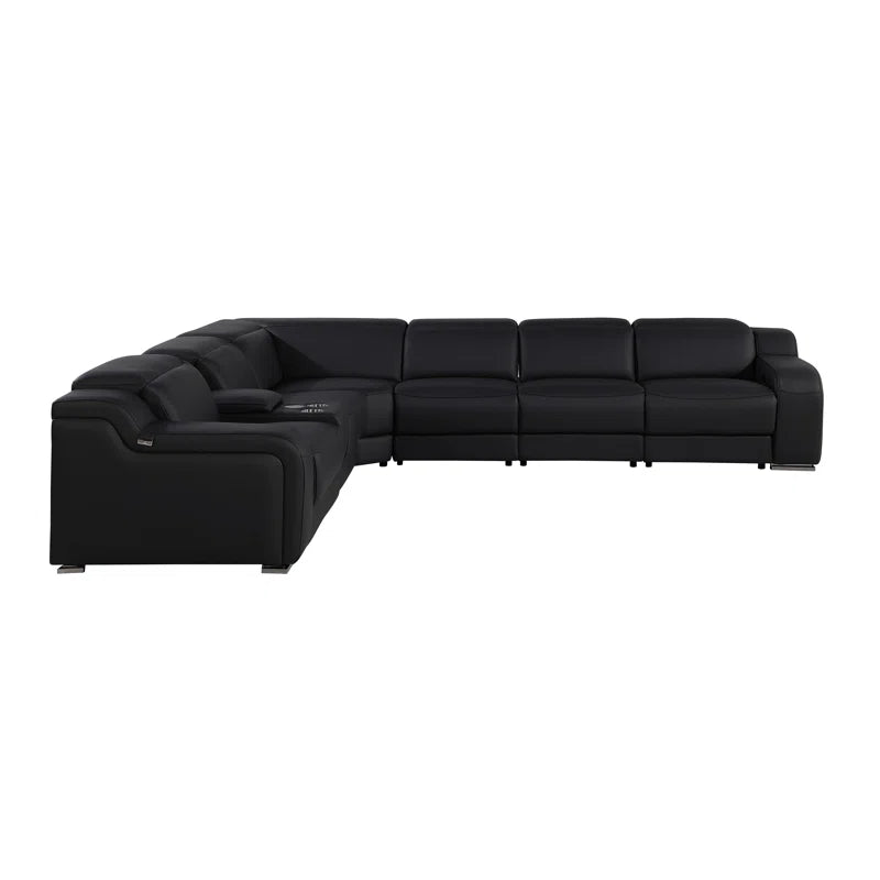 L-Shape Sectional Sofa: 7 - Piece Top Italian Grain Leather Power Reclining Sectional(Black Genuine Leather)