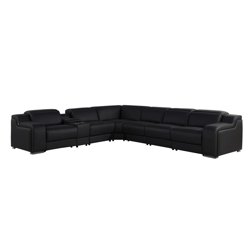 L-Shape Sectional Sofa: 7 - Piece Top Italian Grain Leather Power Reclining Sectional(Black Genuine Leather)