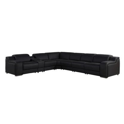 L-Shape Sectional Sofa: 7 - Piece Top Italian Grain Leather Power Reclining Sectional(Black Genuine Leather)