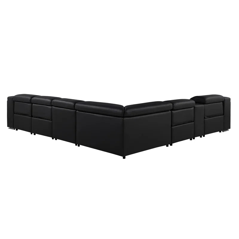 L-Shape Sectional Sofa: 7 - Piece Top Italian Grain Leather Power Reclining Sectional(Black Genuine Leather)