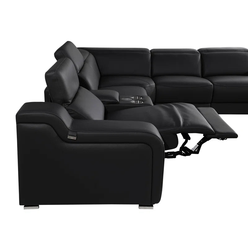 L-Shape Sectional Sofa: 7 - Piece Top Italian Grain Leather Power Reclining Sectional(Black Genuine Leather)