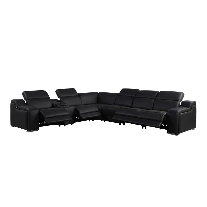 L-Shape Sectional Sofa: 7 - Piece Top Italian Grain Leather Power Reclining Sectional(Black Genuine Leather)