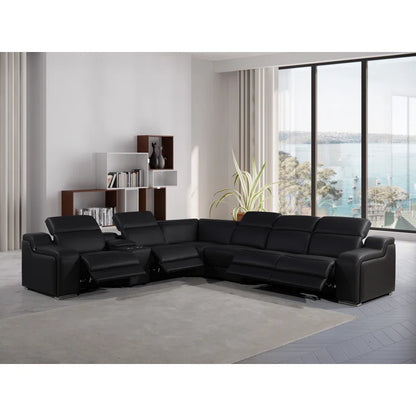 L-Shape Sectional Sofa: 7 - Piece Top Italian Grain Leather Power Reclining Sectional(Black Genuine Leather)