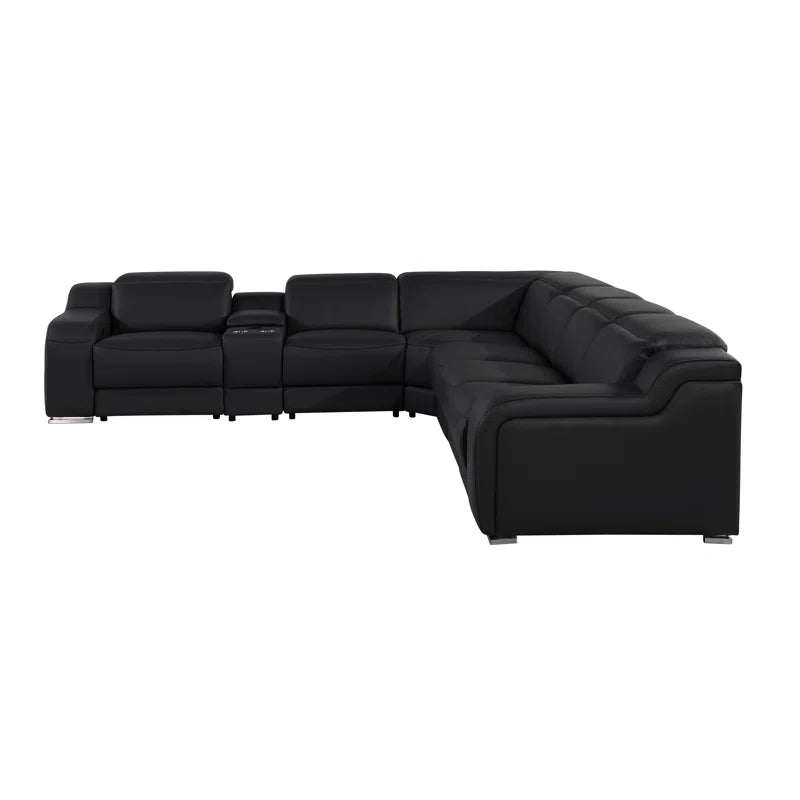 L-Shape Sectional Sofa: 7 - Piece Top Italian Grain Leather Power Reclining Sectional(Black Genuine Leather)