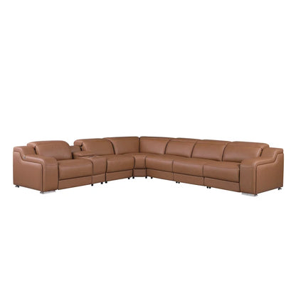 L-Shape Sectional Sofa: 7 - Piece Top Italian Grain Leather Power Reclining Sectional(Cognac Genuine Leather)