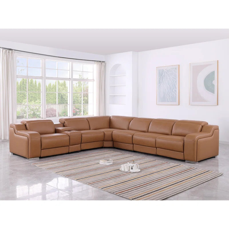 L-Shape Sectional Sofa: 7 - Piece Top Italian Grain Leather Power Reclining Sectional(Cognac Genuine Leather)