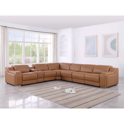 L-Shape Sectional Sofa: 7 - Piece Top Italian Grain Leather Power Reclining Sectional(Cognac Genuine Leather)