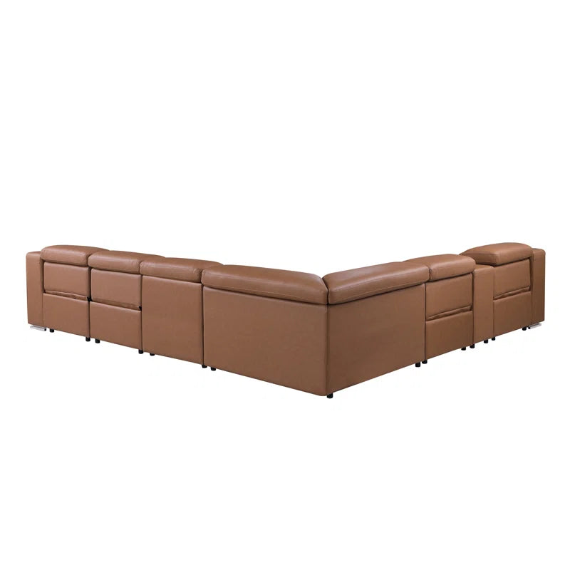 L-Shape Sectional Sofa: 7 - Piece Top Italian Grain Leather Power Reclining Sectional(Cognac Genuine Leather)