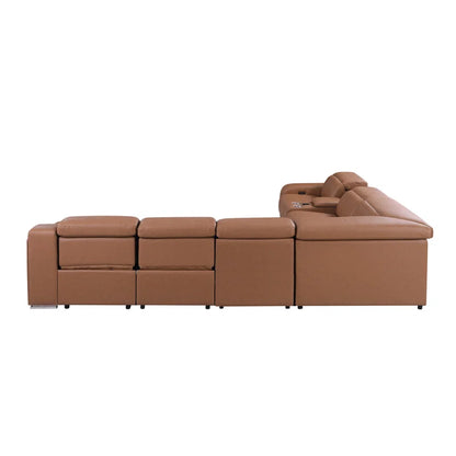 L-Shape Sectional Sofa: 7 - Piece Top Italian Grain Leather Power Reclining Sectional(Cognac Genuine Leather)