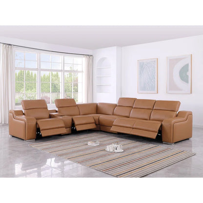 L-Shape Sectional Sofa: 7 - Piece Top Italian Grain Leather Power Reclining Sectional(Cognac Genuine Leather)