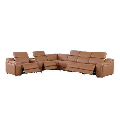 L-Shape Sectional Sofa: 7 - Piece Top Italian Grain Leather Power Reclining Sectional(Cognac Genuine Leather)
