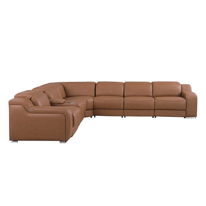 L-Shape Sectional Sofa: 7 - Piece Top Italian Grain Leather Power Reclining Sectional(Cognac Genuine Leather)