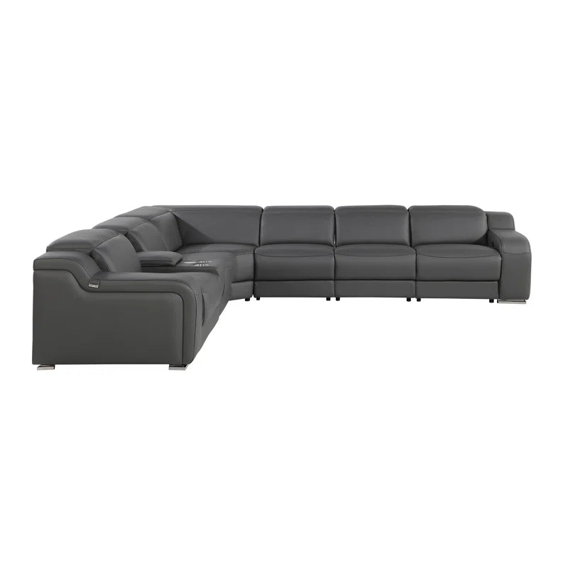 L-Shape Sectional Sofa: 7 - Piece Top Italian Grain Leather Power Reclining Sectional(Dark Gray Genuine Leather)