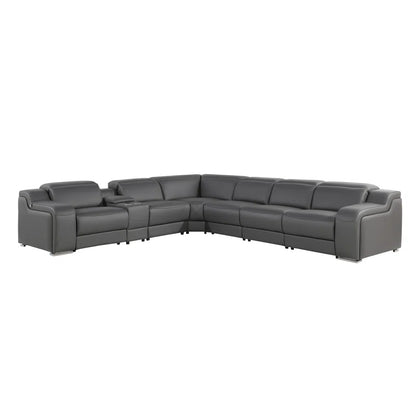 L-Shape Sectional Sofa: 7 - Piece Top Italian Grain Leather Power Reclining Sectional(Dark Gray Genuine Leather)