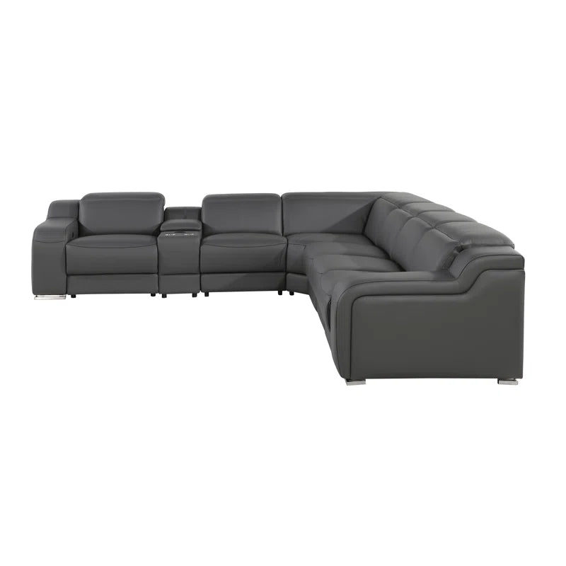 L-Shape Sectional Sofa: 7 - Piece Top Italian Grain Leather Power Reclining Sectional(Dark Gray Genuine Leather)