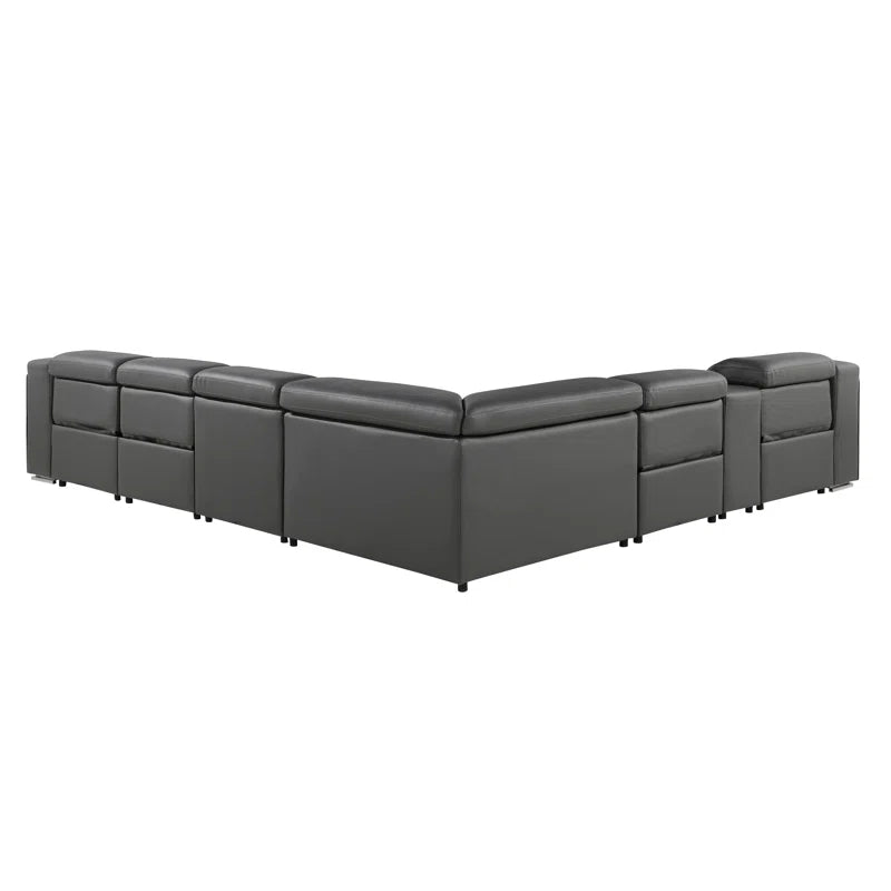 L-Shape Sectional Sofa: 7 - Piece Top Italian Grain Leather Power Reclining Sectional(Dark Gray Genuine Leather)