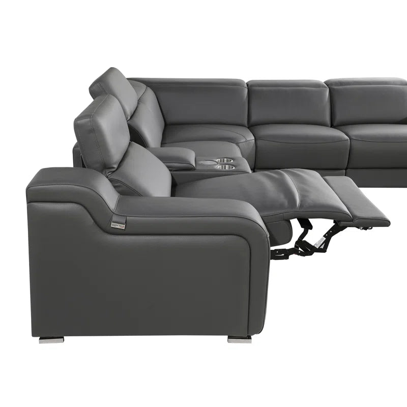 L-Shape Sectional Sofa: 7 - Piece Top Italian Grain Leather Power Reclining Sectional(Dark Gray Genuine Leather)