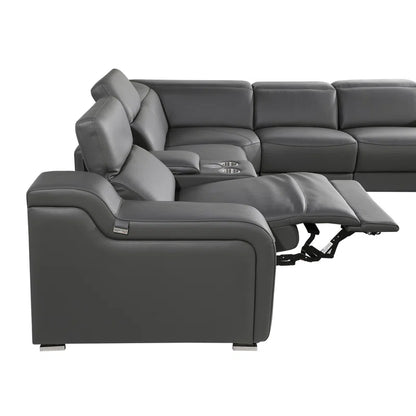 L-Shape Sectional Sofa: 7 - Piece Top Italian Grain Leather Power Reclining Sectional(Dark Gray Genuine Leather)