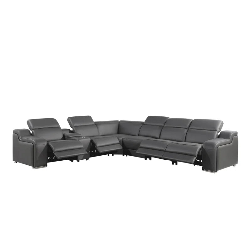 L-Shape Sectional Sofa: 7 - Piece Top Italian Grain Leather Power Reclining Sectional(Dark Gray Genuine Leather)