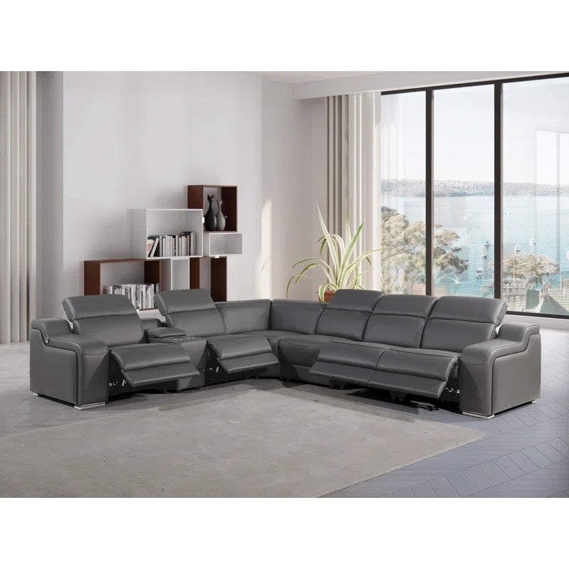 L-Shape Sectional Sofa: 7 - Piece Top Italian Grain Leather Power Reclining Sectional(Dark Gray Genuine Leather)