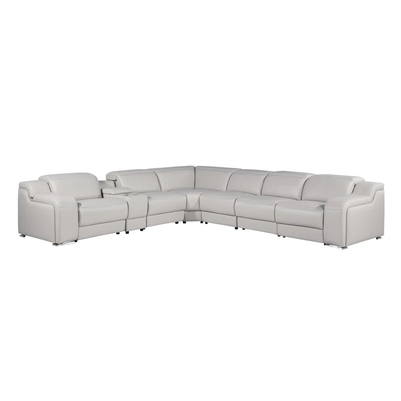 L-Shape Sectional Sofa: 7 - Piece Top Italian Grain Leather Power Reclining Sectional(Light Gray Genuine Leather)